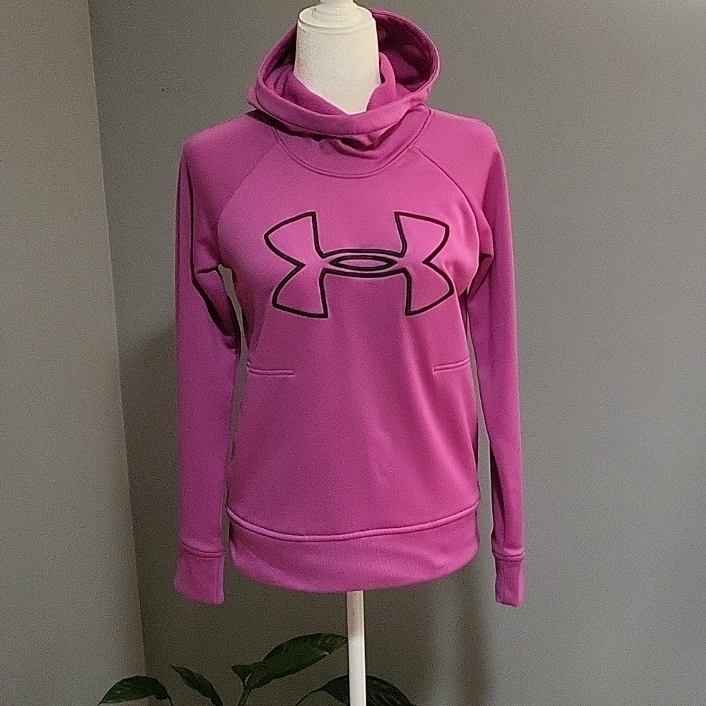 Under Armour Pink w/Black Logo Coldgear Fleece Side Pocket Hoodie - Size XS